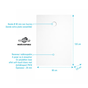 Receveur 120x80x2.6cm Extra-plat en Polybéton Blanc Mat Effet Soft-touch - Redécoupable - NELSON