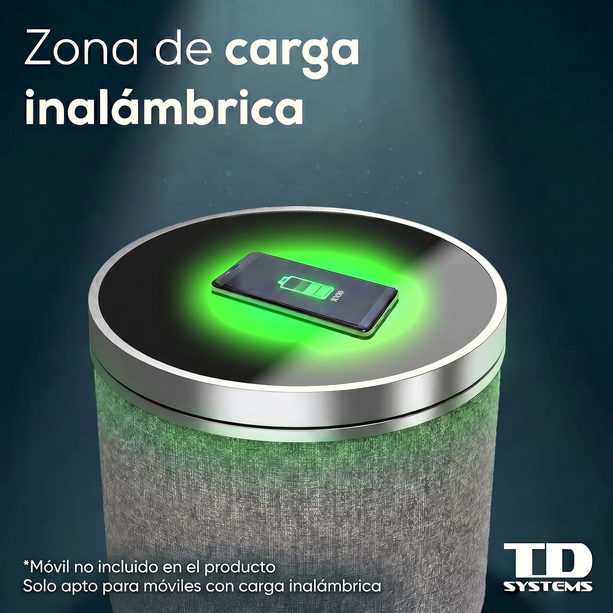 Mesa auxiliar altavoz con sonido de 65W y subwoofer, Bluetooth, base de carga inalámbrica. Mesilla o mesita para dormitorio o sala de estar - TD Systems SM65B11GN [Cristal negro]
