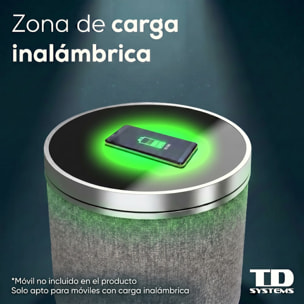 Mesa auxiliar altavoz con sonido de 65W y subwoofer, Bluetooth, base de carga inalámbrica. Mesilla o mesita para dormitorio o sala de estar - TD Systems SM65B11GN [Cristal negro]