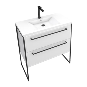 Meuble de salle de bain 80x50cm Blanc - 2 tiroirs - vasque resine blanche - pieds et poignées