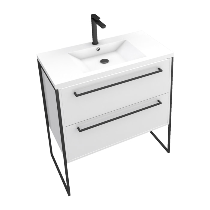 Meuble de salle de bain 80x50cm Blanc - 2 tiroirs - vasque resine blanche - pieds et poignées