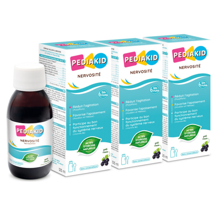 PEDIAKID - Sirop Nervosité -Complément Alimentaire Naturel - Formule Exclusive au Sirop d'Agave - Favorise l'Apaisement - Réduit l'Agitation - Arôme Naturel Cassis - Lot de 3 Flacons de 125 ml