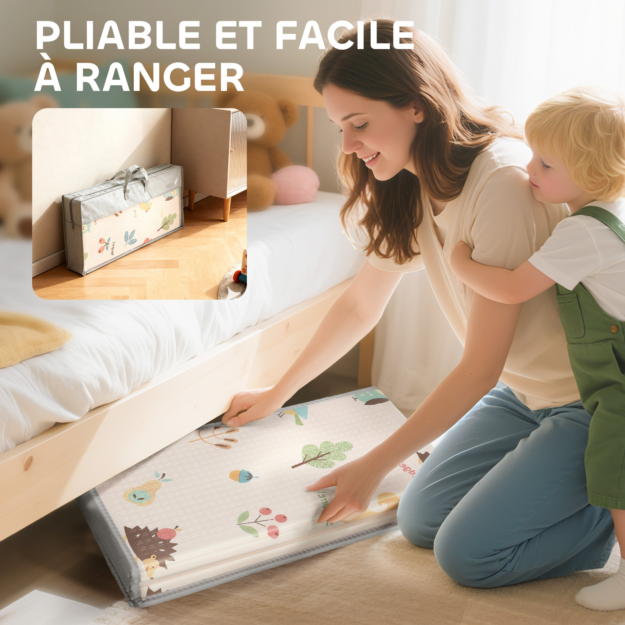 Tapis de jeu bébé pliable réversible motif animaux forêt et chiffres lettres 180 x 150 x 1 cm