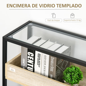 Mesa Consola de Entrada 108x28x85 cm Mueble Recibidor con Encimera de Cristal Estante y Rejilla Inferior Marco de Acero para Pasillo Salón Extremo del Sofá Negro