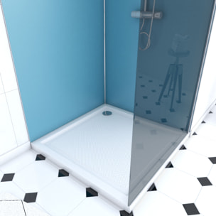 Pack Douche a l'Italienne 90x90 - Kit Panneaux Muraux Bleu/Chrome + Receveur + Paroi Fumee 8 mm
