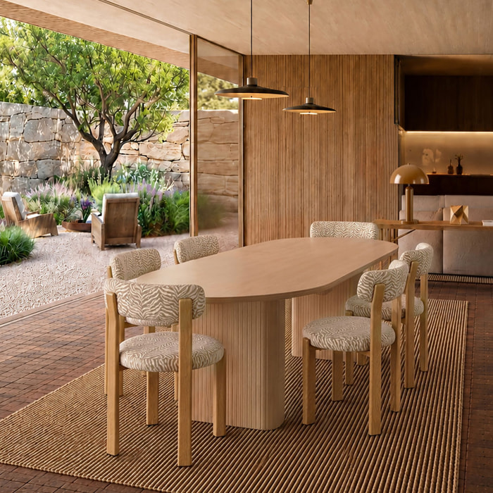 Ensemble table extensible 180-230cm et 6 chaises en tissu zèbre beige LILY