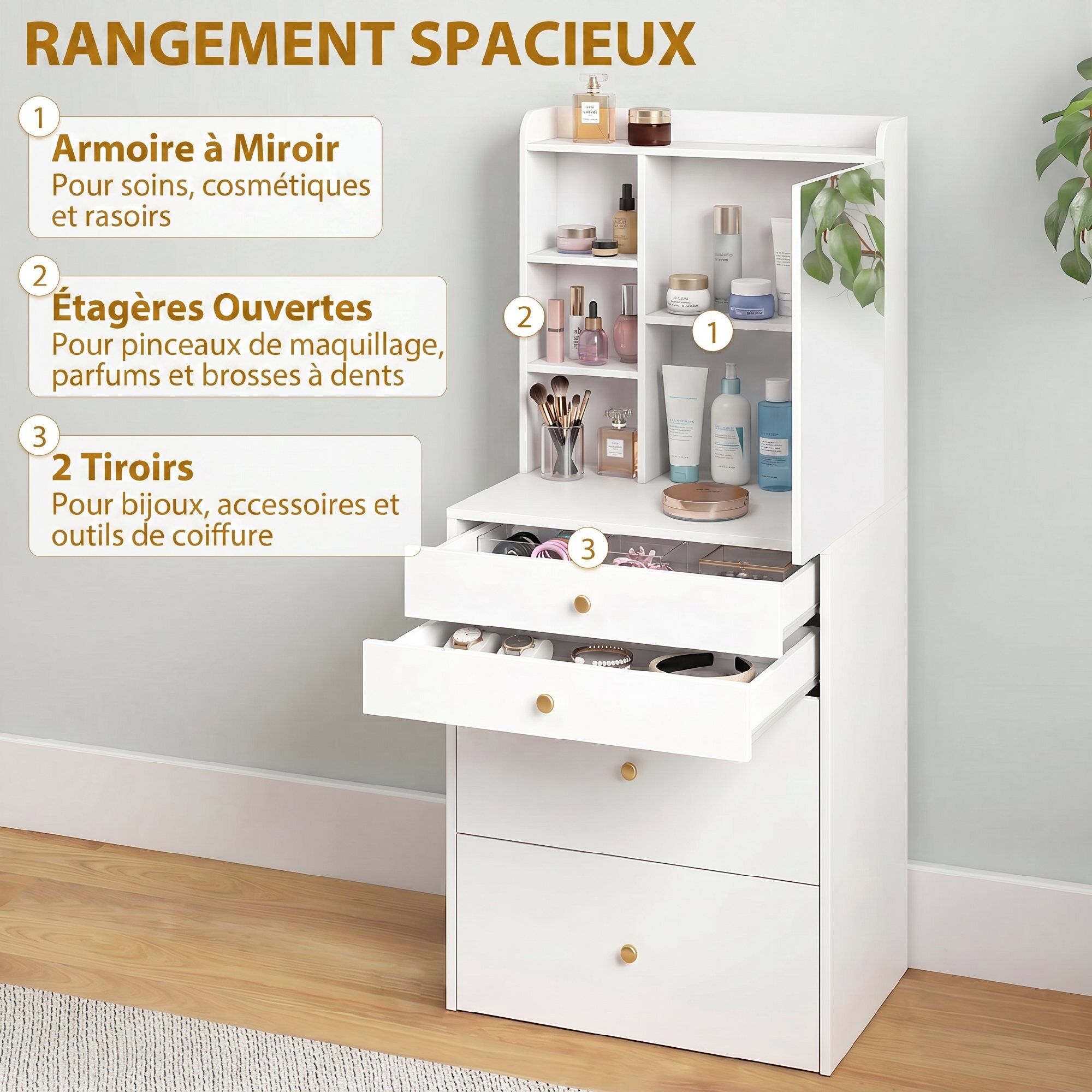 Coiffeuse tabouret encastrable multi-rangement miroir poignées dorées blanc