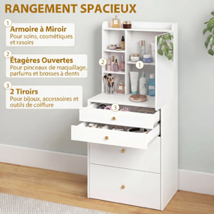 Coiffeuse tabouret encastrable multi-rangement miroir poignées dorées blanc