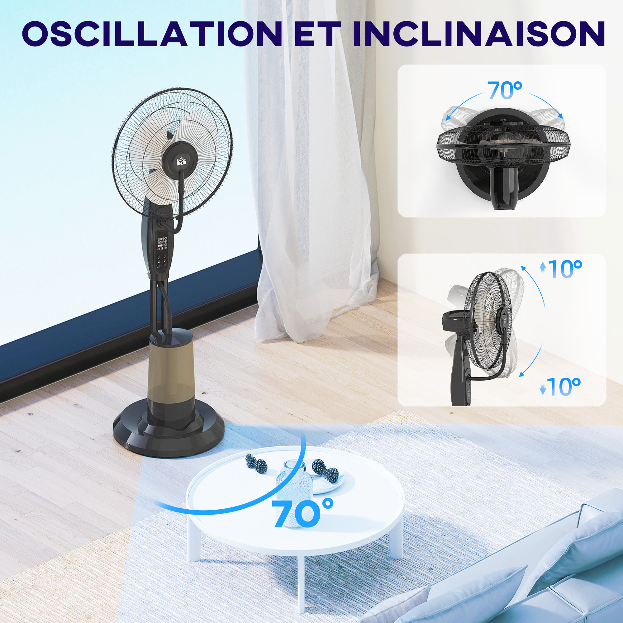 Ventilateur brumisateur oscillant inclinable 75W sur pied H.120 cm réservoir 3,2L avec télécommande noir