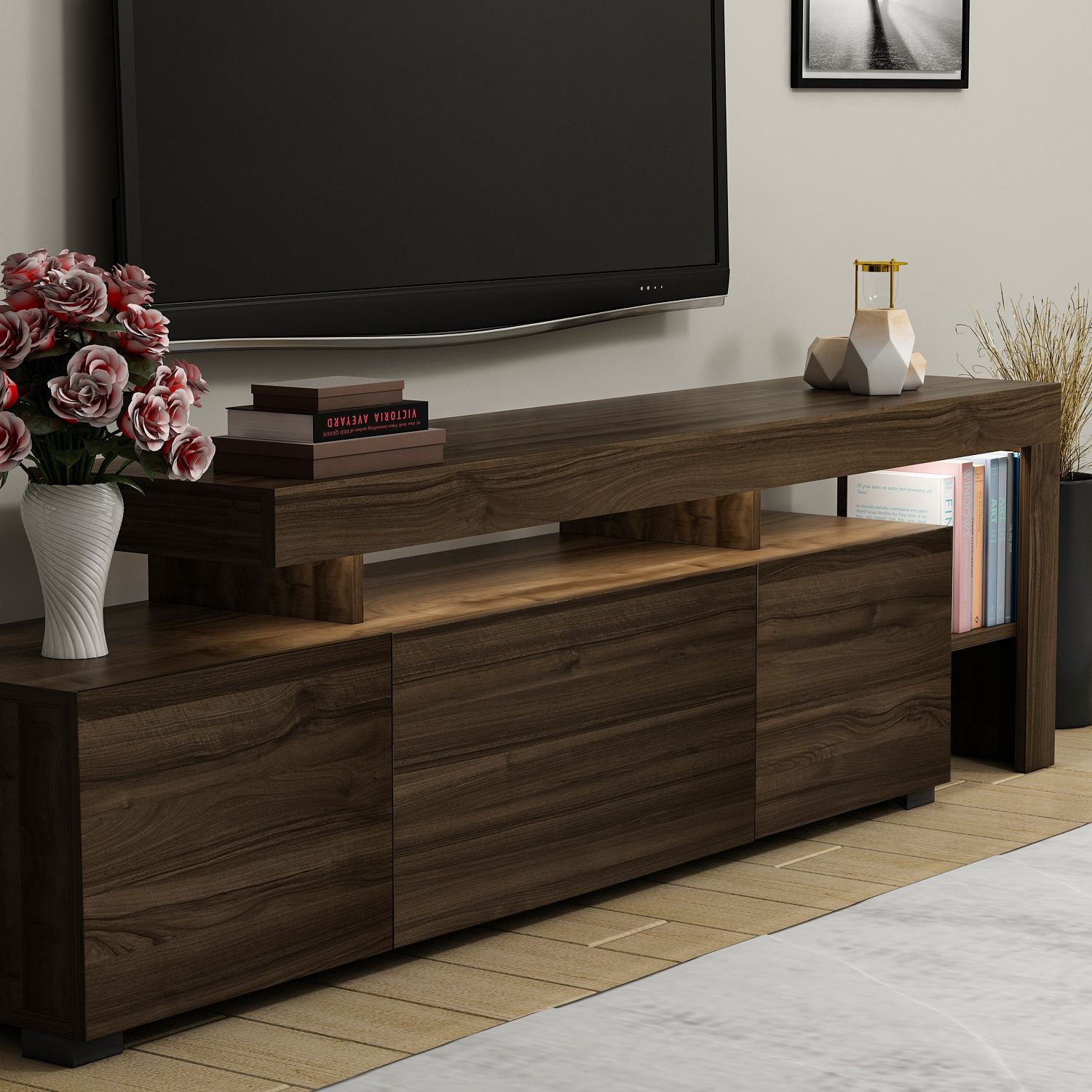 Meuble TV effet bois foncé avec éclairage LED 192 cm ROSTOCK