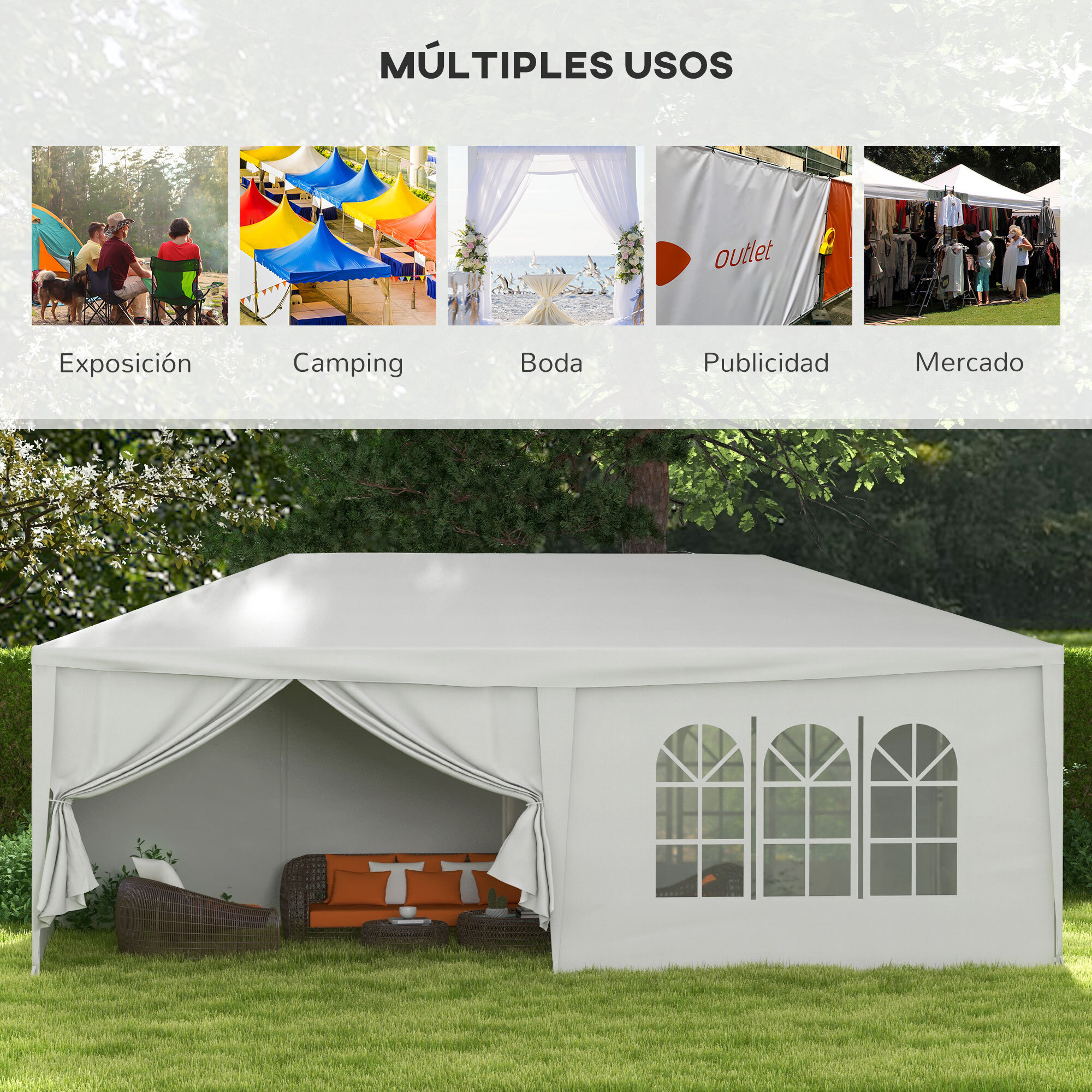 Outsunny Carpa de Jardín 6x3 m Cenador Desmontable de Exterior con 4 Ventanas 2 Puertas con Cremallera 6 Paredes Laterales e Impermeable Pabellón para Terraza Patio Playa Blanco