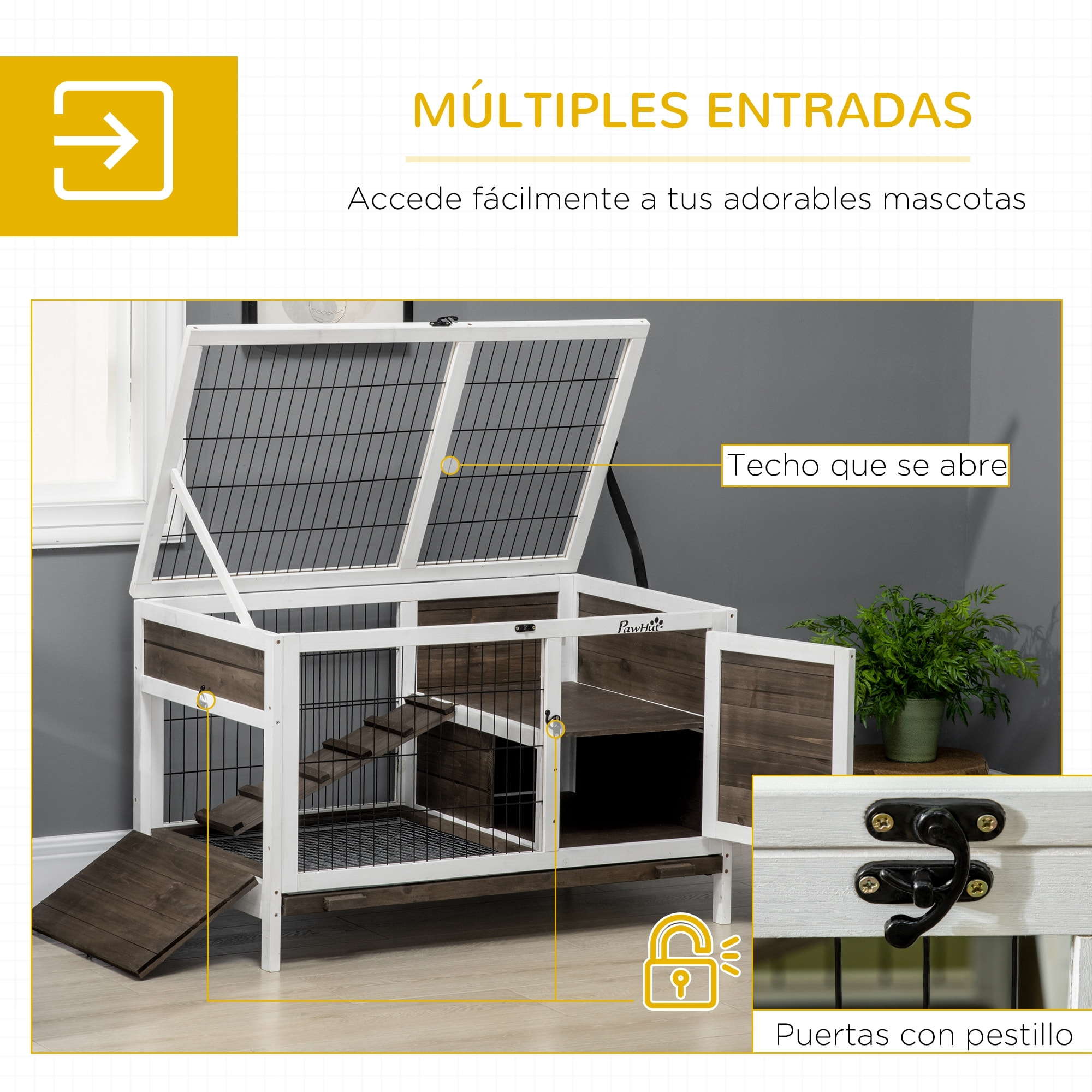 Conejera de Madera Elevada Jaula para Conejos con Zona Abierta Techo Abatible Puertas con Pestillo Bandeja Extraíble y Rampa Conejera para Interior 90x53x87 cm Marrón y Blanco