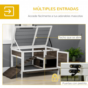 Conejera de Madera Elevada Jaula para Conejos con Zona Abierta Techo Abatible Puertas con Pestillo Bandeja Extraíble y Rampa Conejera para Interior 90x53x87 cm Marrón y Blanco