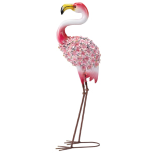 Statue de jardin flamant rose métal plumes florales