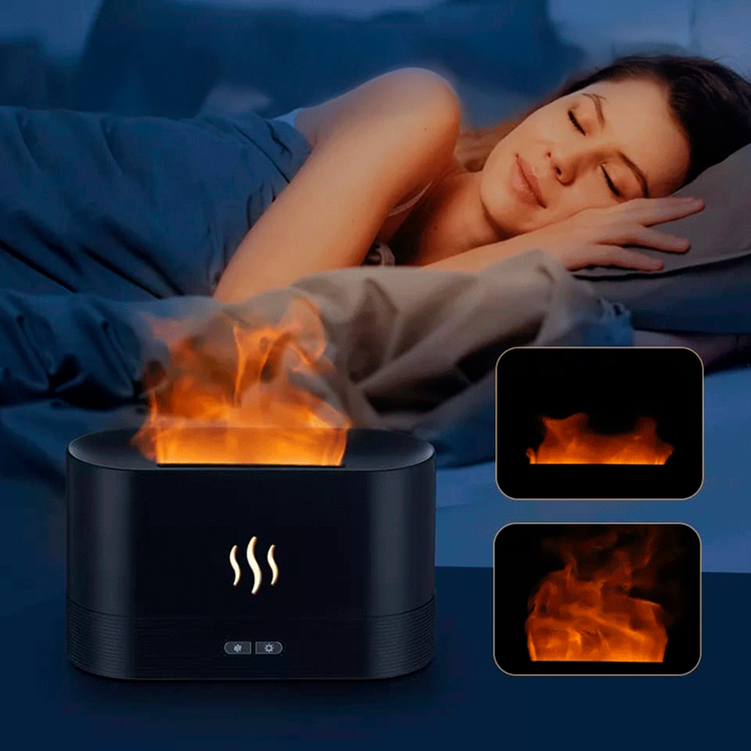 Diffusore di aromi con effetto fiamma, 9 colori, 2 impostazioni di luminosità e capacità di 180 ml. Consente oli essenziali non corrosivi.