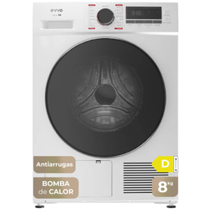 EVVO Secadora 8 kg bomba de calor S8, Clase energética D, Airfresh, Sensor de humedad, Antiarrugas, Inicio diferido, blanco
