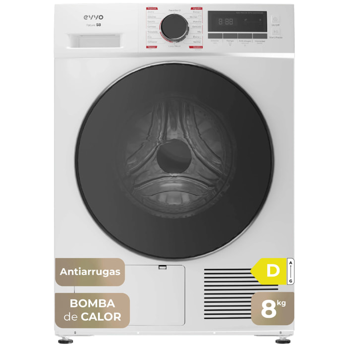 EVVO Secadora 8 kg bomba de calor S8, Clase energética D, Airfresh, Sensor de humedad, Antiarrugas, Inicio diferido, blanco