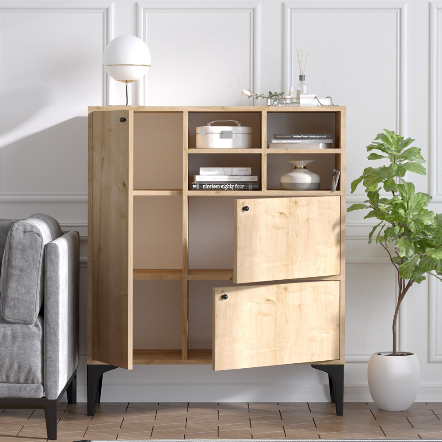 AYO Buffet haut 3 portes et 4 niches couleur chêne 100x125cm