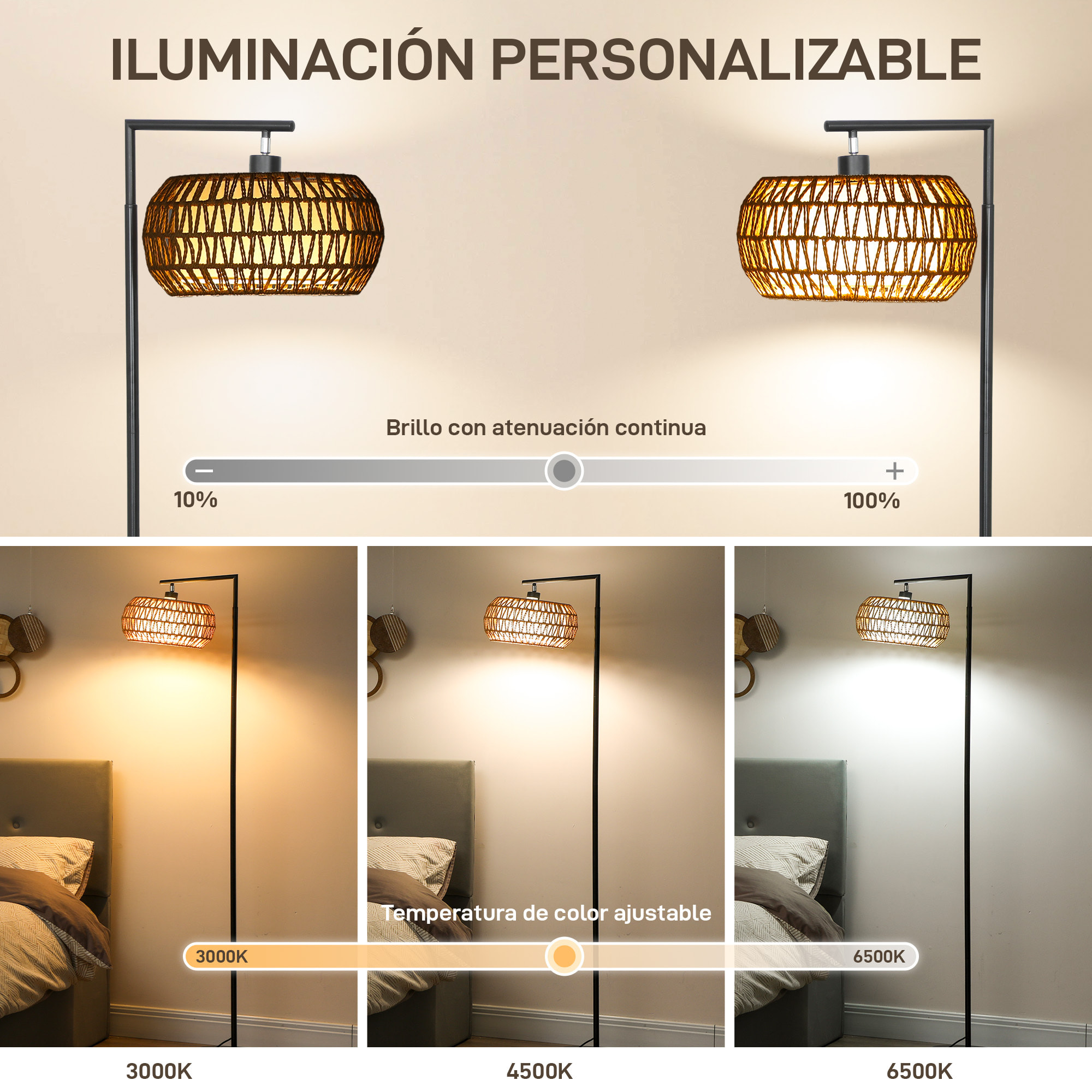 Lámpara de Pie con Doble Capa de Pantalla, Lámpara de Pie Bohemia con 3 Temperaturas de Color, Brillo Ajustable, Control Remoto, Interruptor de Pie, Temporizador, para Dormitorio, Oficina