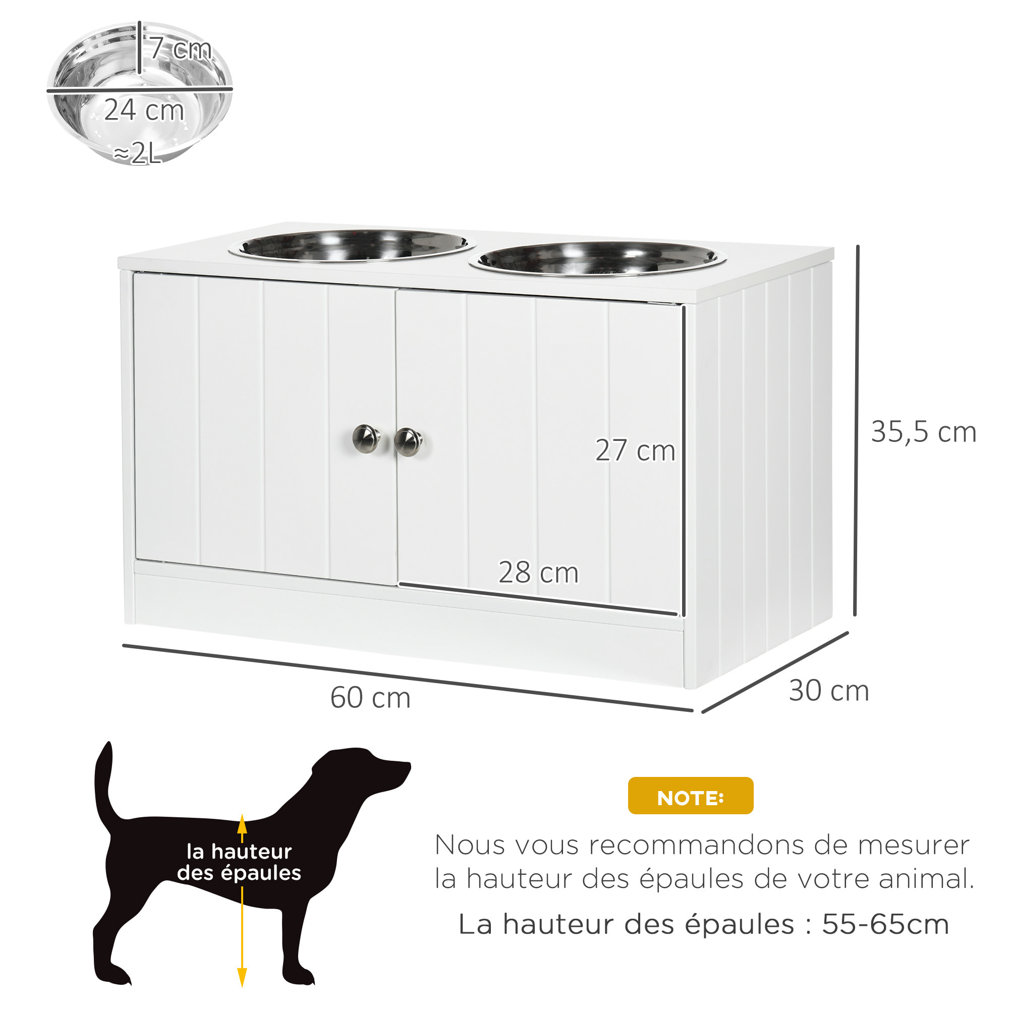 Gamelle double chien chat - porte-gamelles surélevé armoire 2 en 1 - 2 portes, 2 gamelles - acier inox. MDF blanc