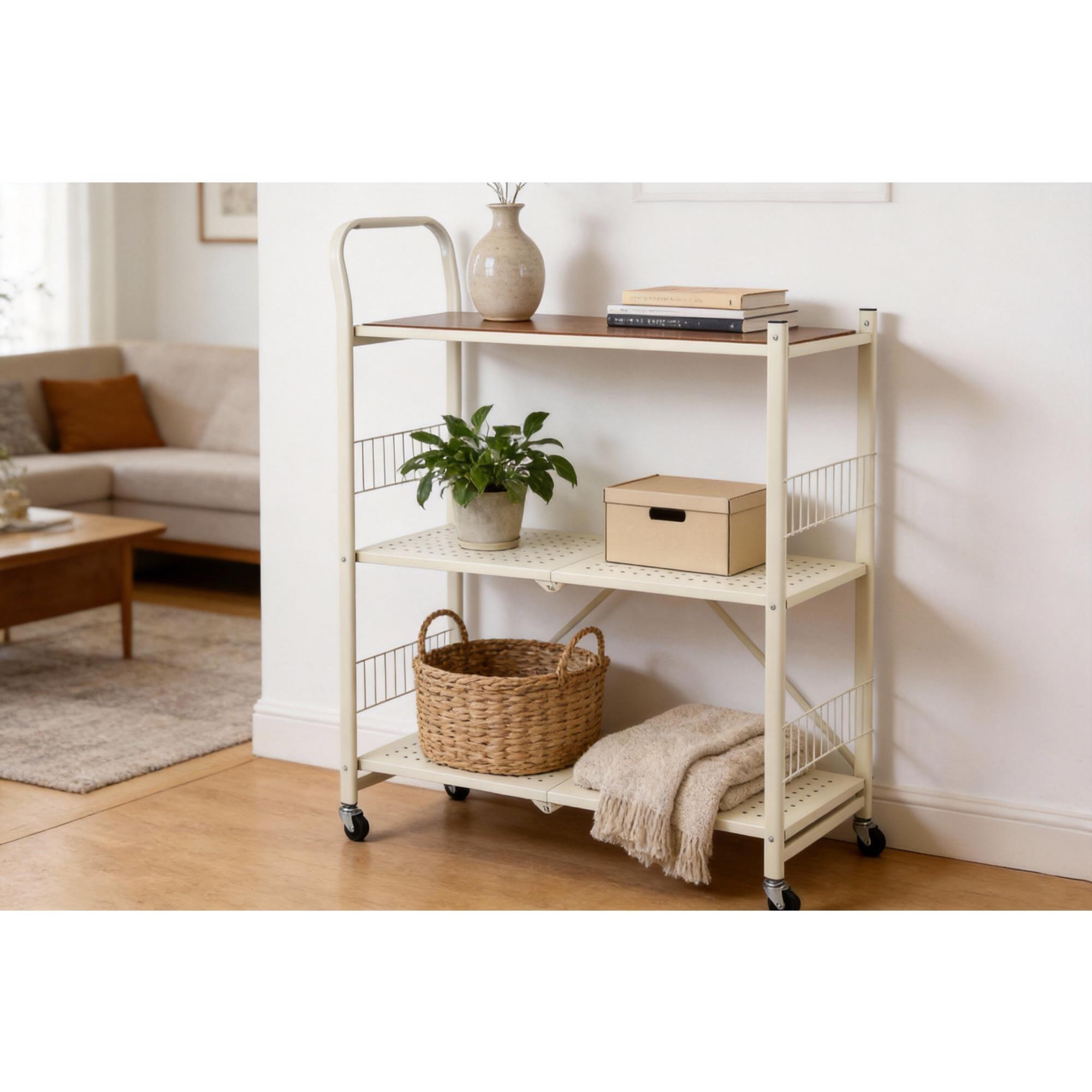 Carito de almacenaje plegable de 3 estantes con ruedas color blanco
