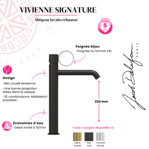 Mitigeur lavabo haut Vivienne laiton brossé avec bague noire mate