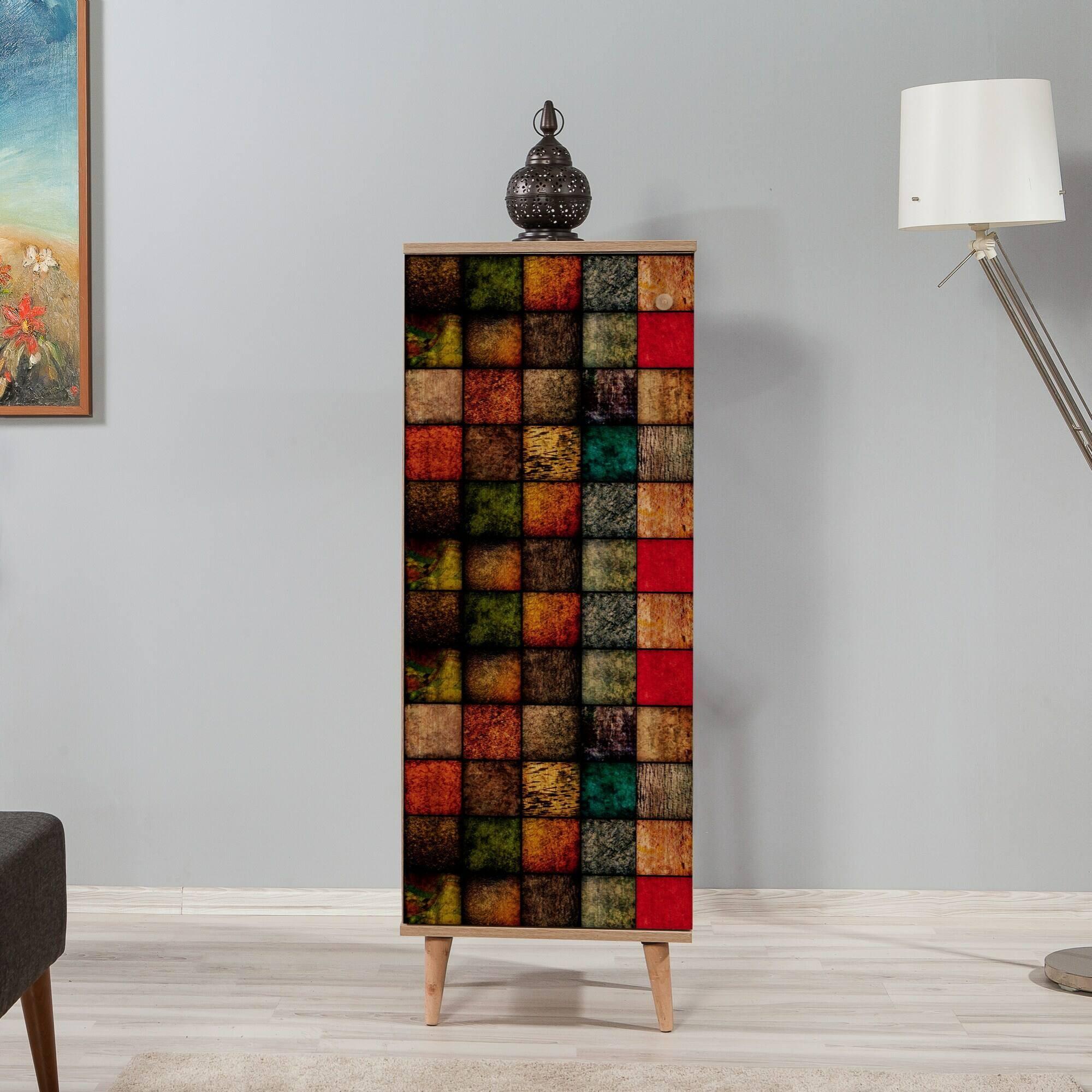 Scarpiera Dgrandin, Mobile portascarpe, Armadio da ingresso multiuso, Mobiletto per calzature, 50x38h135 cm, Quercia e Multicolore