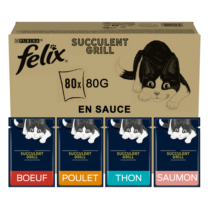 FELIX Succulent Grill Poulet, Bœuf, Saumon, Thon en Sauce 80X80g