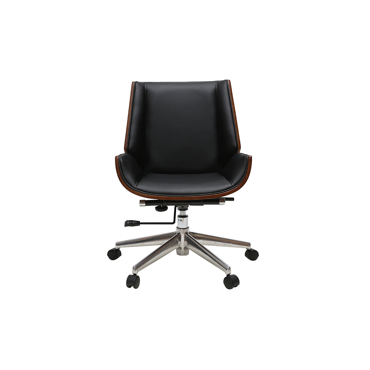 Chaise de bureau à roulettes design noir, bois foncé noyer et acier chromé CURVED