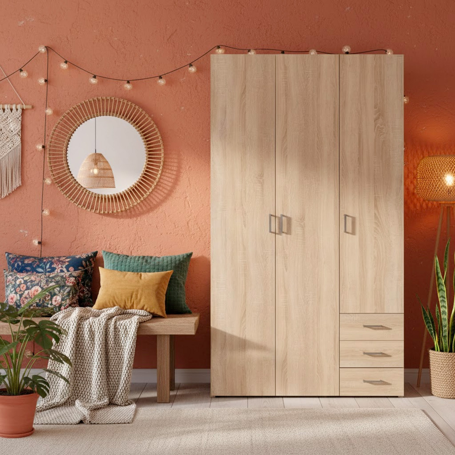 Armadio Con 3 Ante E 3 Cassetti Multiuso Per Abiti Indumenti Design Moderno Capiente Vano Appendiabiti Ripiani Interni 115.8 x 49.5 x 200.4 Cm Rovere