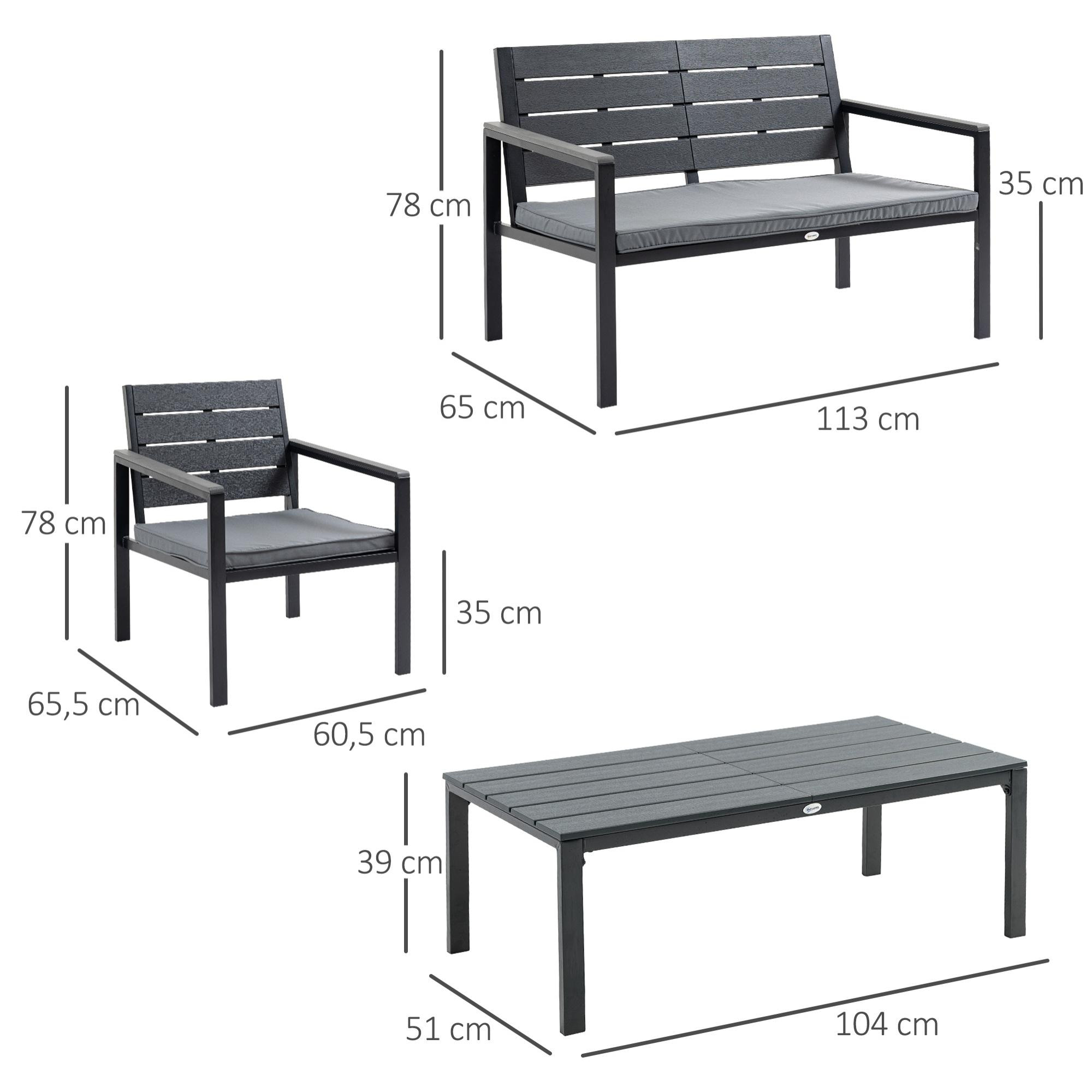 Conjunto de Muebles de Jardín 4 Piezas Mesa de Centro Banco de 2 Plazas y 2 Sillas con Cojines Desenfundables y Marco de Acero para Terraza Exterior 113x65x78 cm Gris