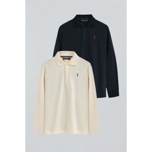 Pack hombre de dos polos azul marino y color crudo de manga larga con logo bordado Rigby Go
