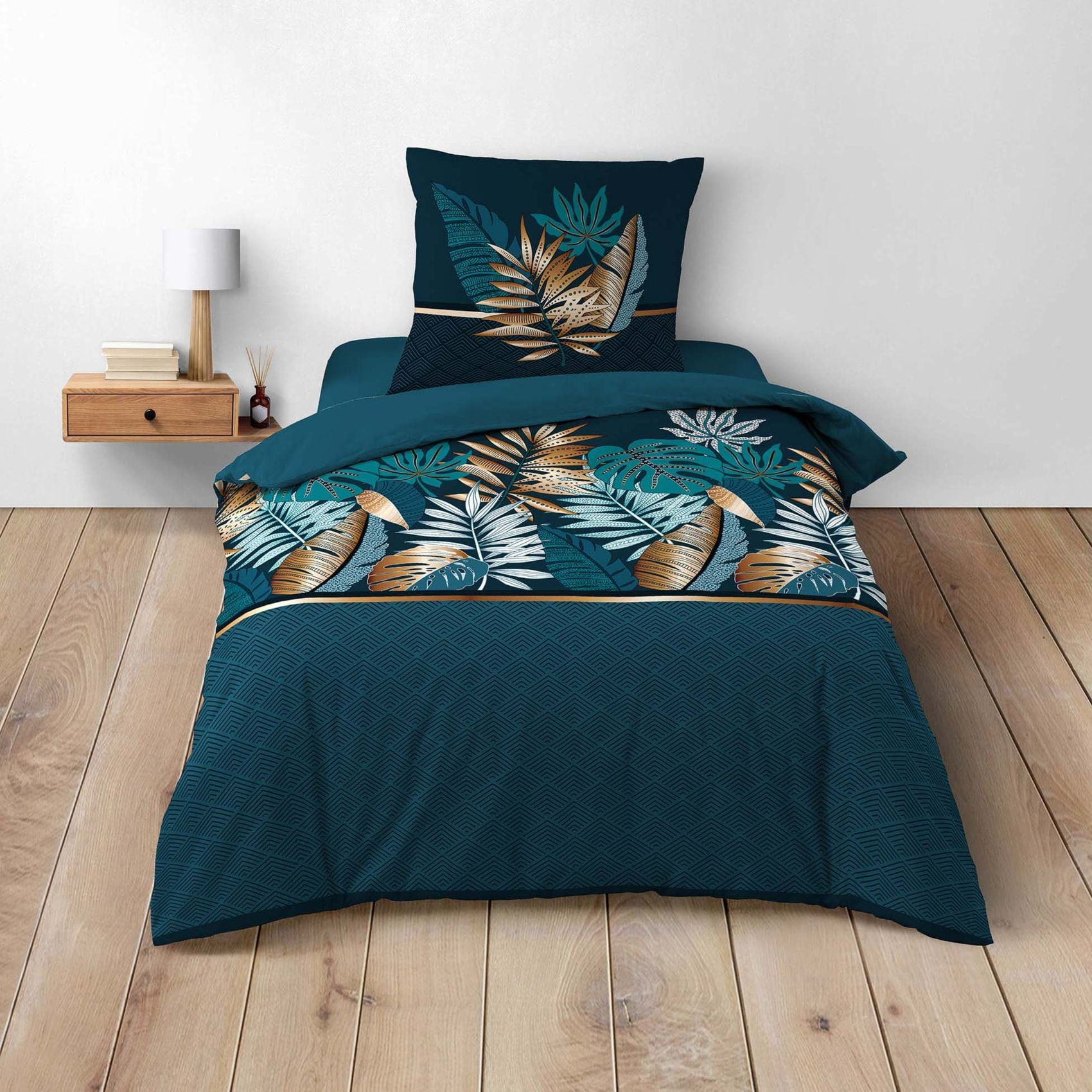 Parure de lit  Alianor Feuilles exotiques - Bleu