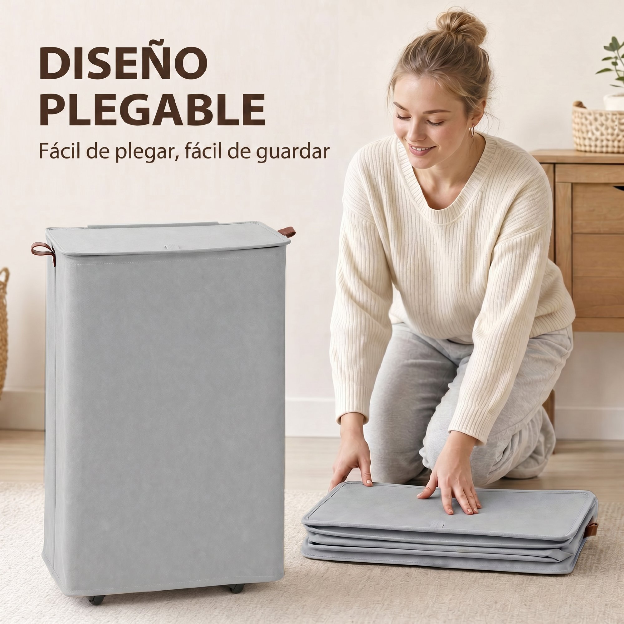 Cesto de Ropa Sucia con Tapa y Ruedas, 50L, Cesta de Ropa Sucia Plegable con Bolsa con Cordón Extraíble y Lavable, para Lavandería, Dormitorio, Baño, 40x30x65 cm, Gris