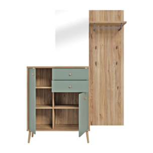 Meuble d’entrée rangement et porte manteau couleur bois et sauge – SACHA