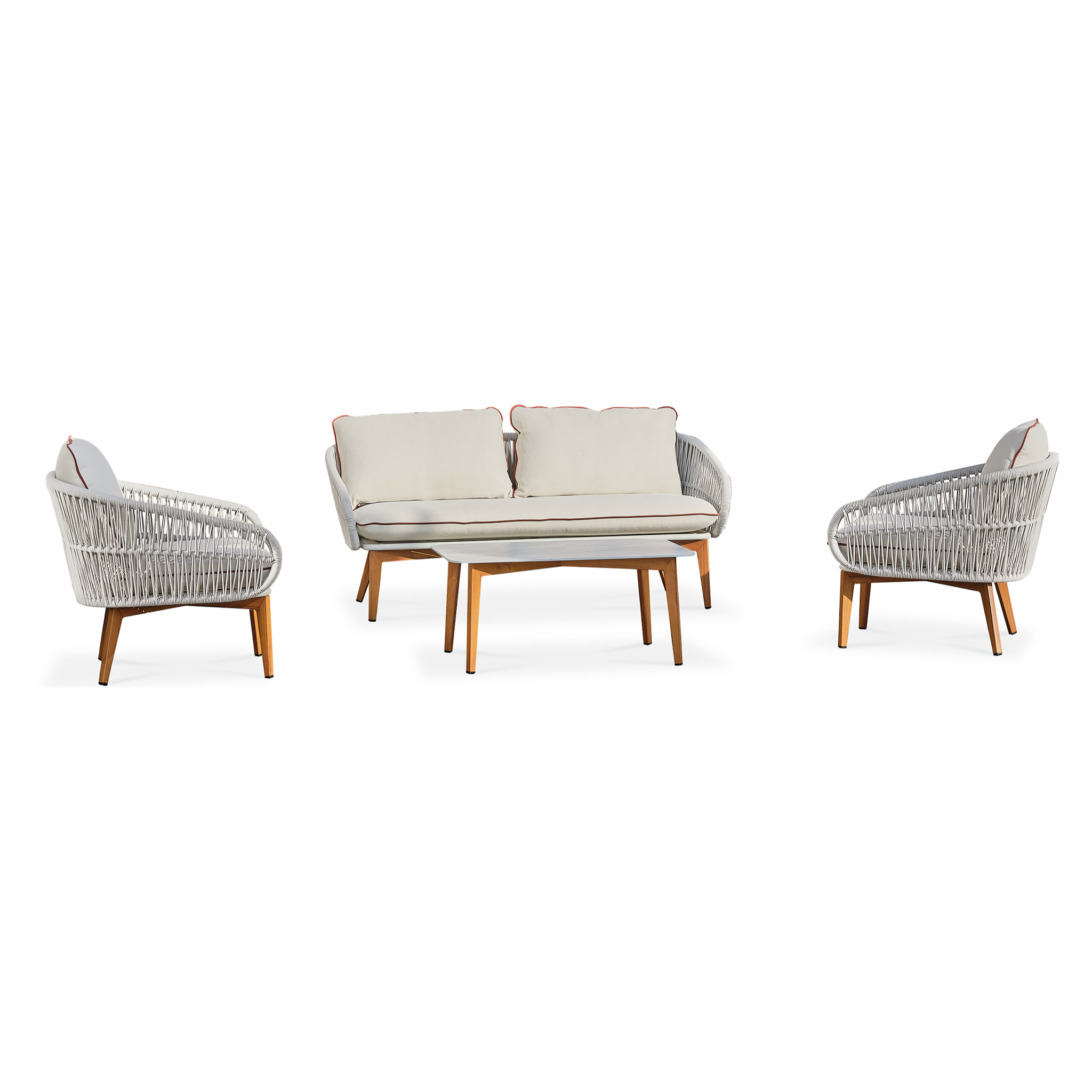 CUZCO - Salon bas de jardin 5 pl en alu imitation bois et corde tissée, blanc