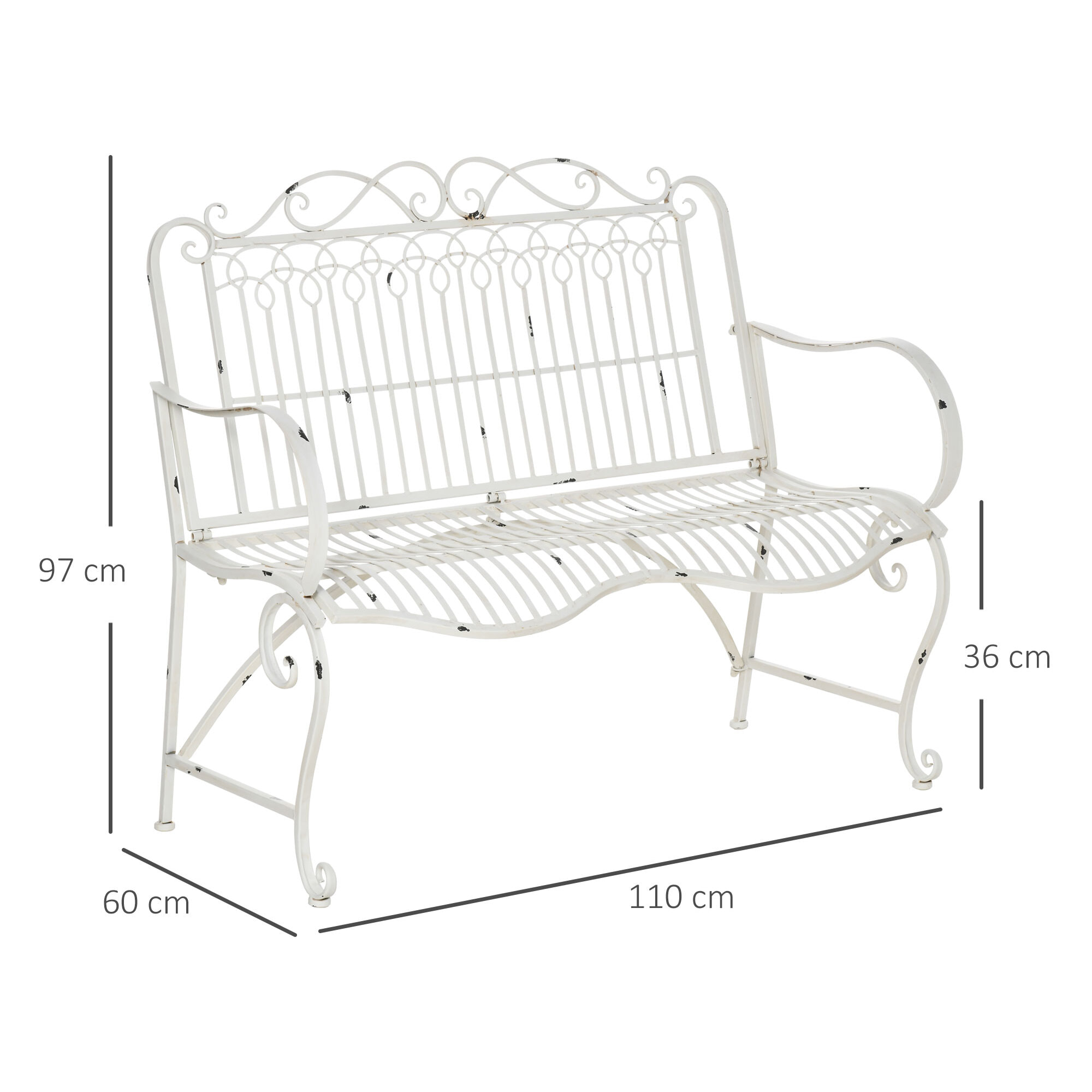 Outsunny Banco Jardín 2 Plazas 110x60x97 cm con Reposabrazos Carga 200 kg Blanco