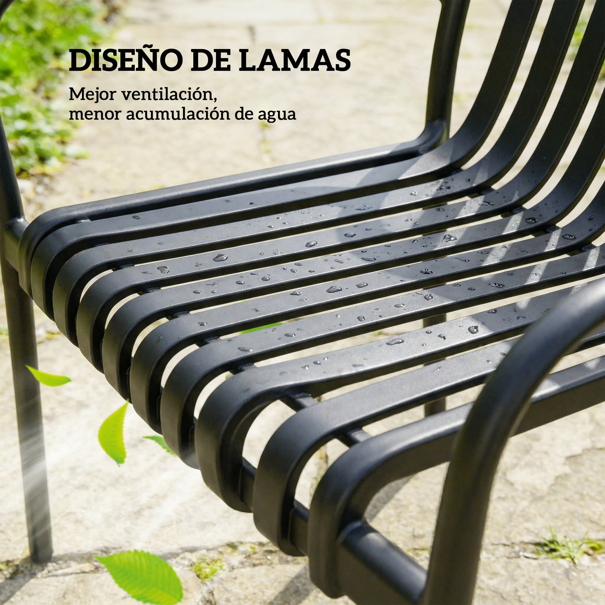 Juego de 4 Sillas de Jardín Exterior Apilables, Sillas Terraza Exterior de PP con Respaldo Curvado, Asiento de Listones, Reposabrazos, 55x58,5x81,5 cm, Negro