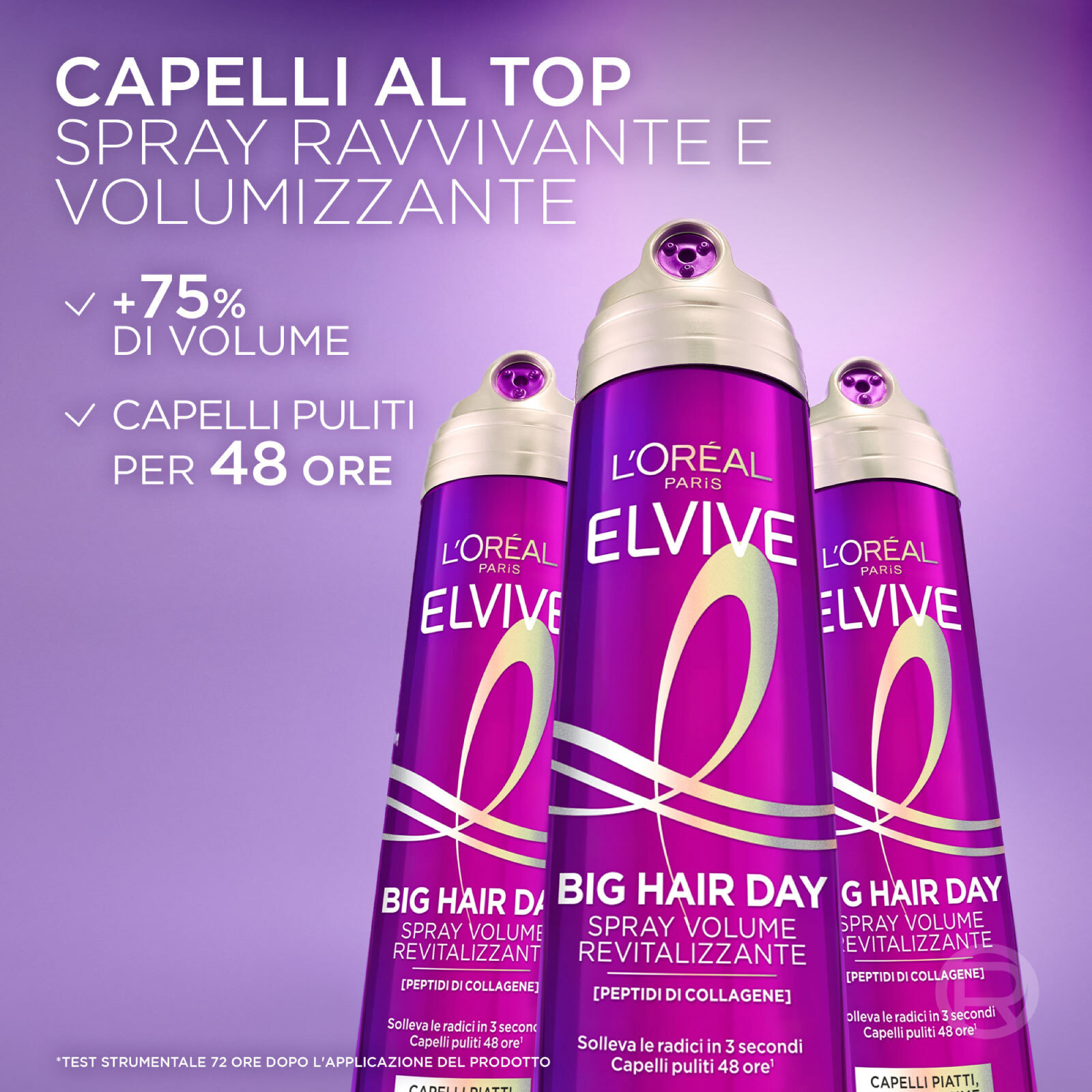 Spray Capelli Volumizzante Rivitalizzante Elvive Big Hair Day 72H per Capelli Piatti con Peptidi di Collagene 200ml