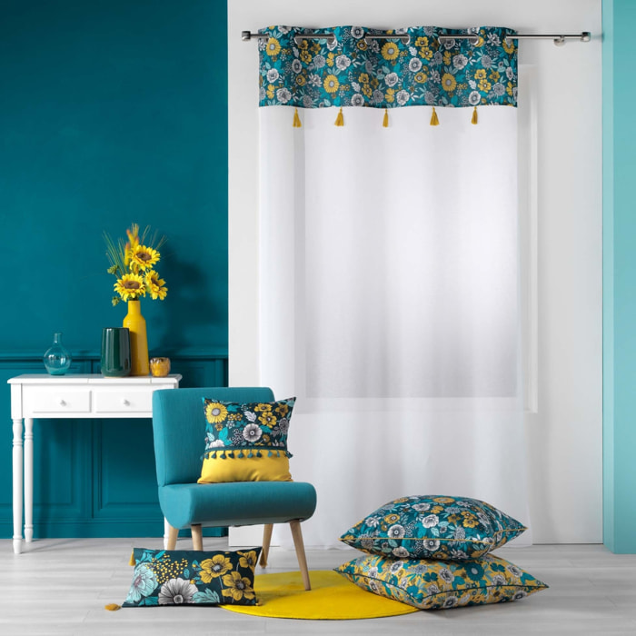 Voilage sablé imprimé floral - Bleu