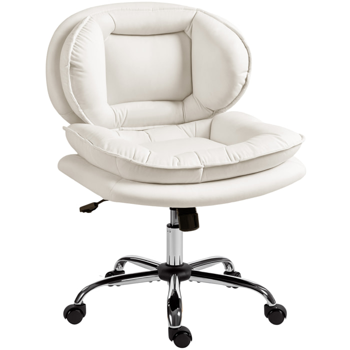 Silla de Oficina Piernas Cruzadas, Silla de Escritorio sin Brazos con Asiento Ancho, Ruedas, Altura Ajustable, Doble Acolchado, Giratoria, Función Basculante, Tapizada en PU, Gris Claro