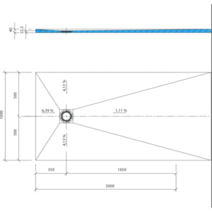 Receveur de douche à carreler 200 x 100 WEDI Fundo Primo rectangle écoulement excentré + bonde horizontale