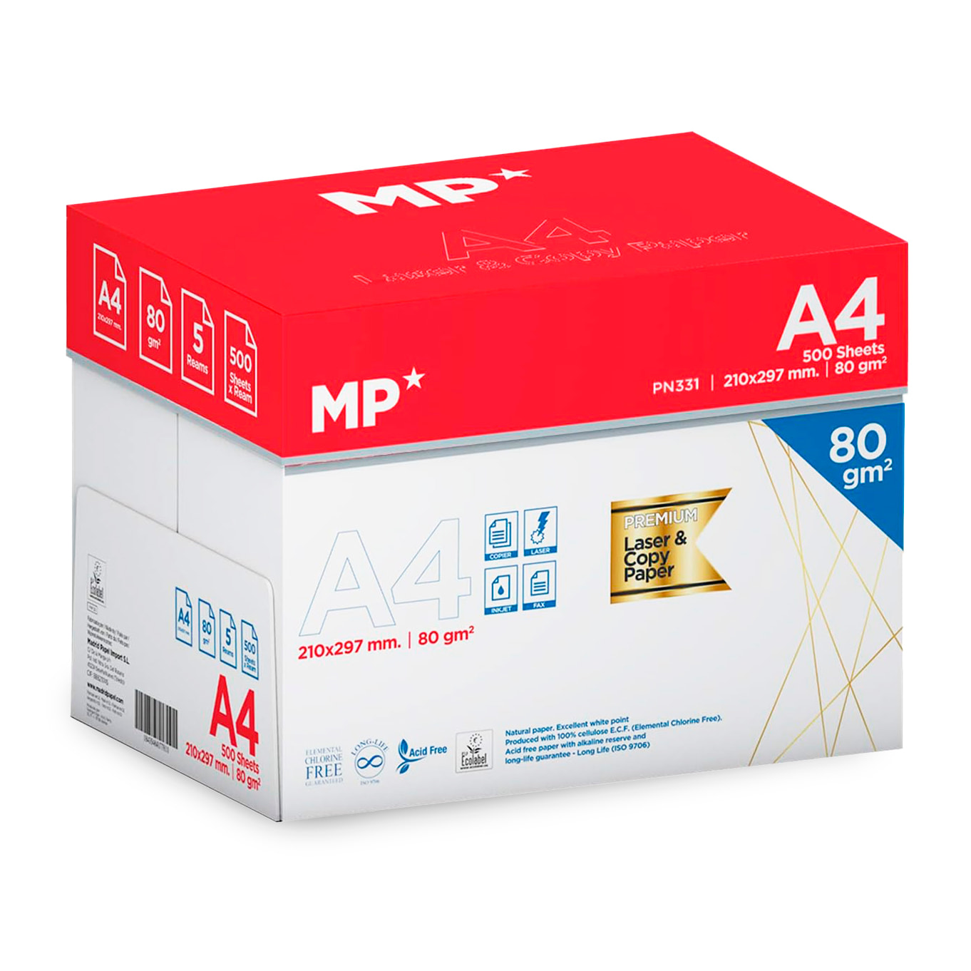 Pack de 5 paquetes de 500 Hojas A4 80grs de papel natural.