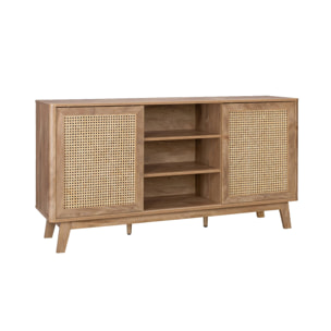 Buffet avec 2 portes coulissantes et étagères. effet bois et détails cannage. buffet bas. 150cm