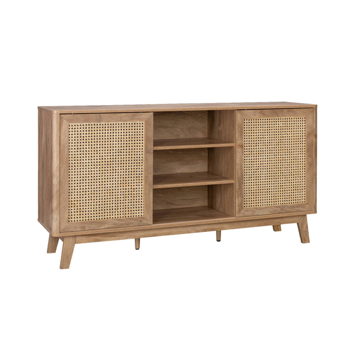Buffet avec 2 portes coulissantes et étagères. effet bois et détails cannage. buffet bas. 150cm
