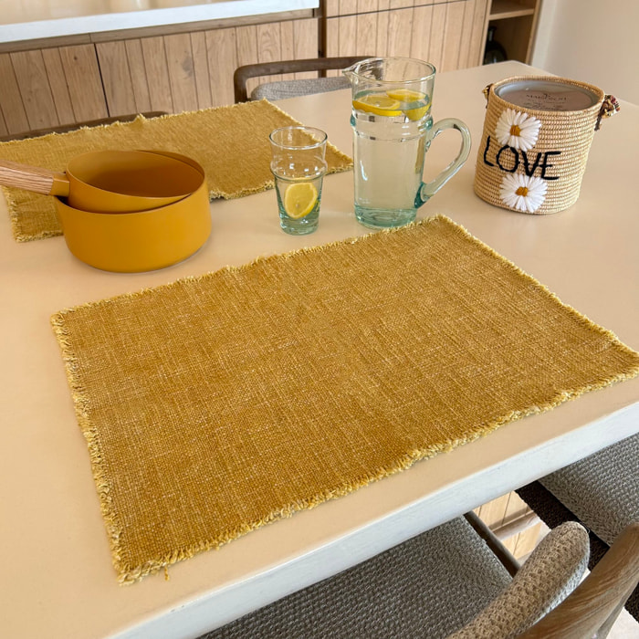 LOT DE 4 SETS DE TABLE FRANGÉS TISSU UNI JAUNE MIMOSA 38X54CM ANOKI