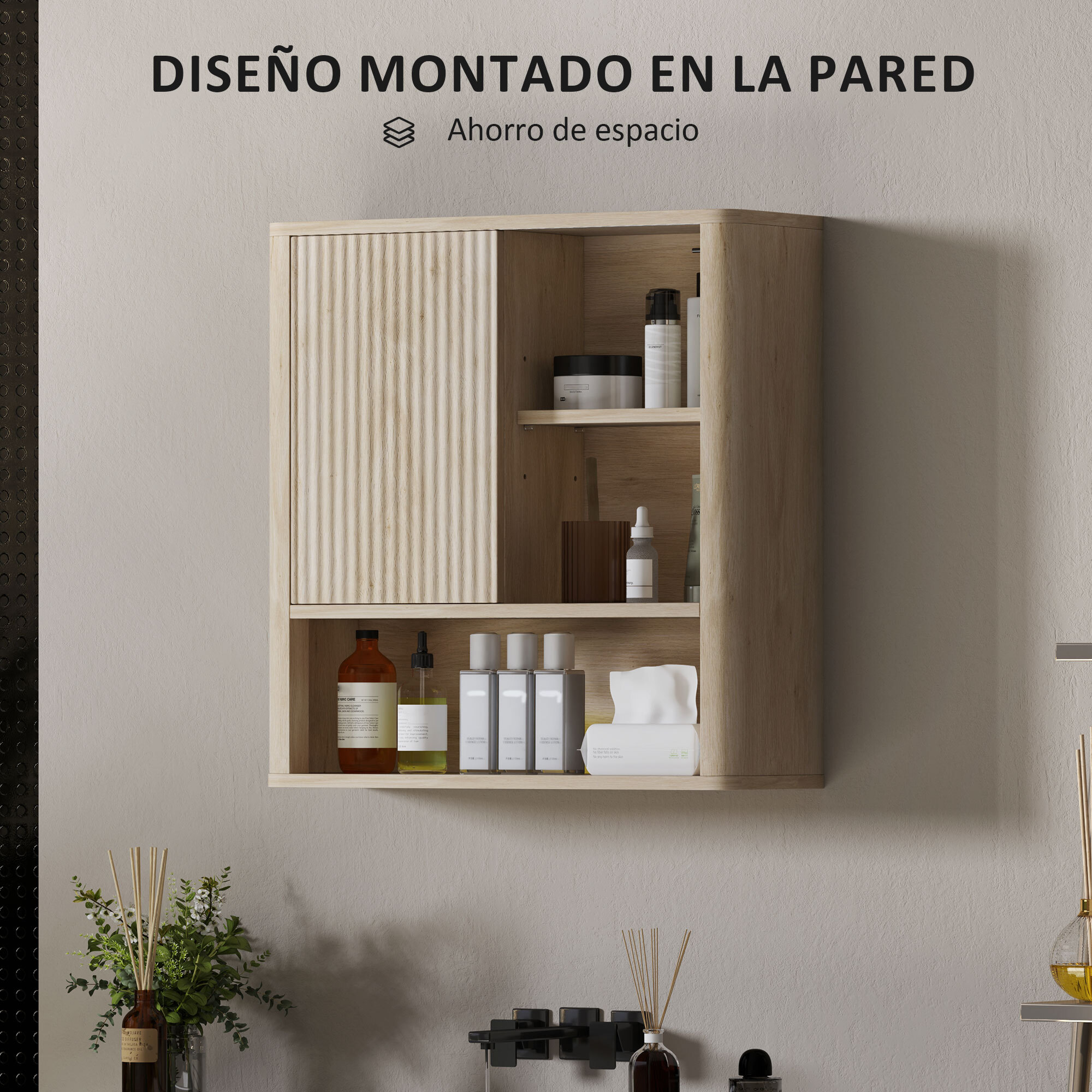 Armario de Baño de Pared Mueble de Baño Colgar con Estantes Ajustables Puerta Corredera Compartimentos y Diseño con Perfil Curvo 60x20x62 cm Natural