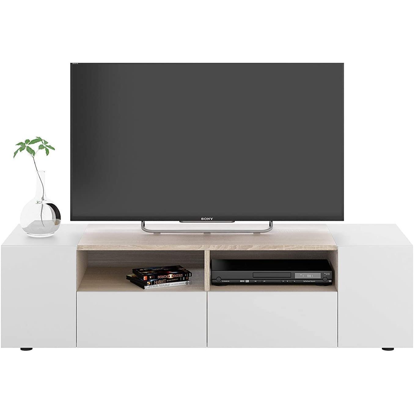 Mobile Porta TV Moderno Con Ante E Vani a Giorno Parete Attrezzata Salvaspazio Per Soggiorno Salotto Cameretta Camera 138x40.2x34 Cm Bianco E Rovere
