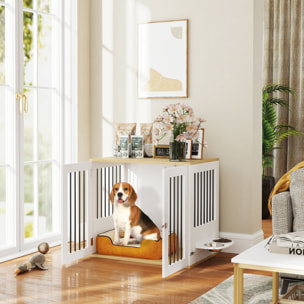 Jaula para Perros Medianos 2 en 1 Mesa Auxiliar con 2 Puertas con Pestillo Comedero Giratorio de 360° 2 Cuencos y Almohadillas Antideslizantes 80x55x71,5 cm Blanco