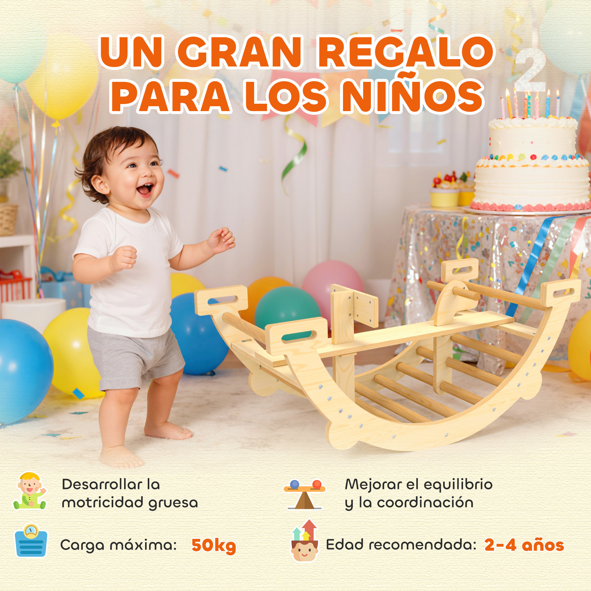 2 en 1 Arco de Escalada de Madera y Caballito Balancín, Estructura de Escalada Montessori, Juguetes Educativo de Interior para Niños de 2-4 Años, Natural